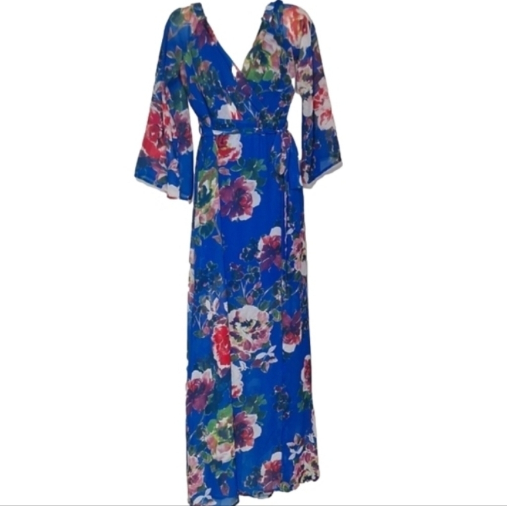 Fashion Nova Blue Bell Sleeve Wrap Maxi Dress